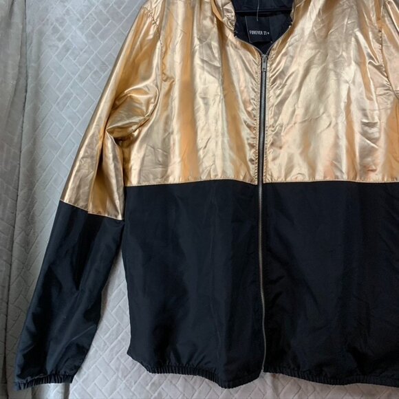 Forever 21 Womens 2X Jacket Black Gold Metallic Hooded Lightweight - Picture 3 of 15
